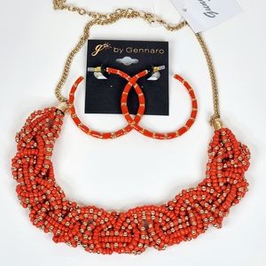 Coral orange / gold tone beaded statement necklace and enamel hoop earrings